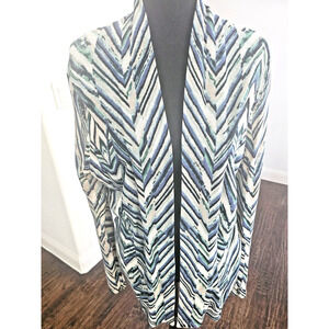 Nic Zoe Womens Cardigan Size Large Blue Open Front Chevron Linen Viscose Rayon